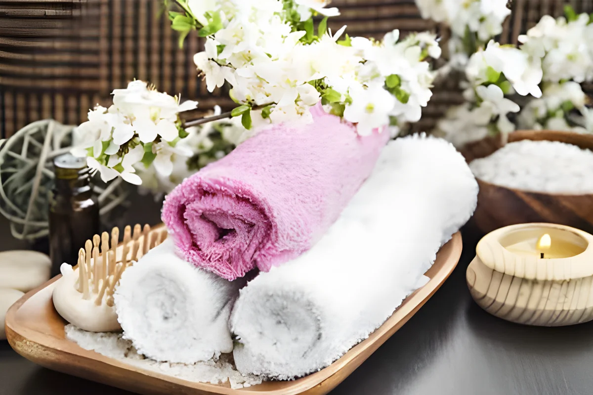 Gerollte Handtücher mit Blüten und Kerze – Spa-Arrangement.